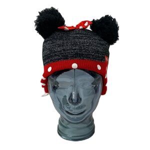 Girls Size 2T-5T Minnie Mouse Knit Hat Disney Black and Red Fleece Lined